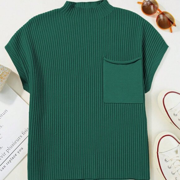 Green Casual Women's Minimalist Kangaroo Pocket Bat Wing Knitted Sweater top - Picture 4 of 8